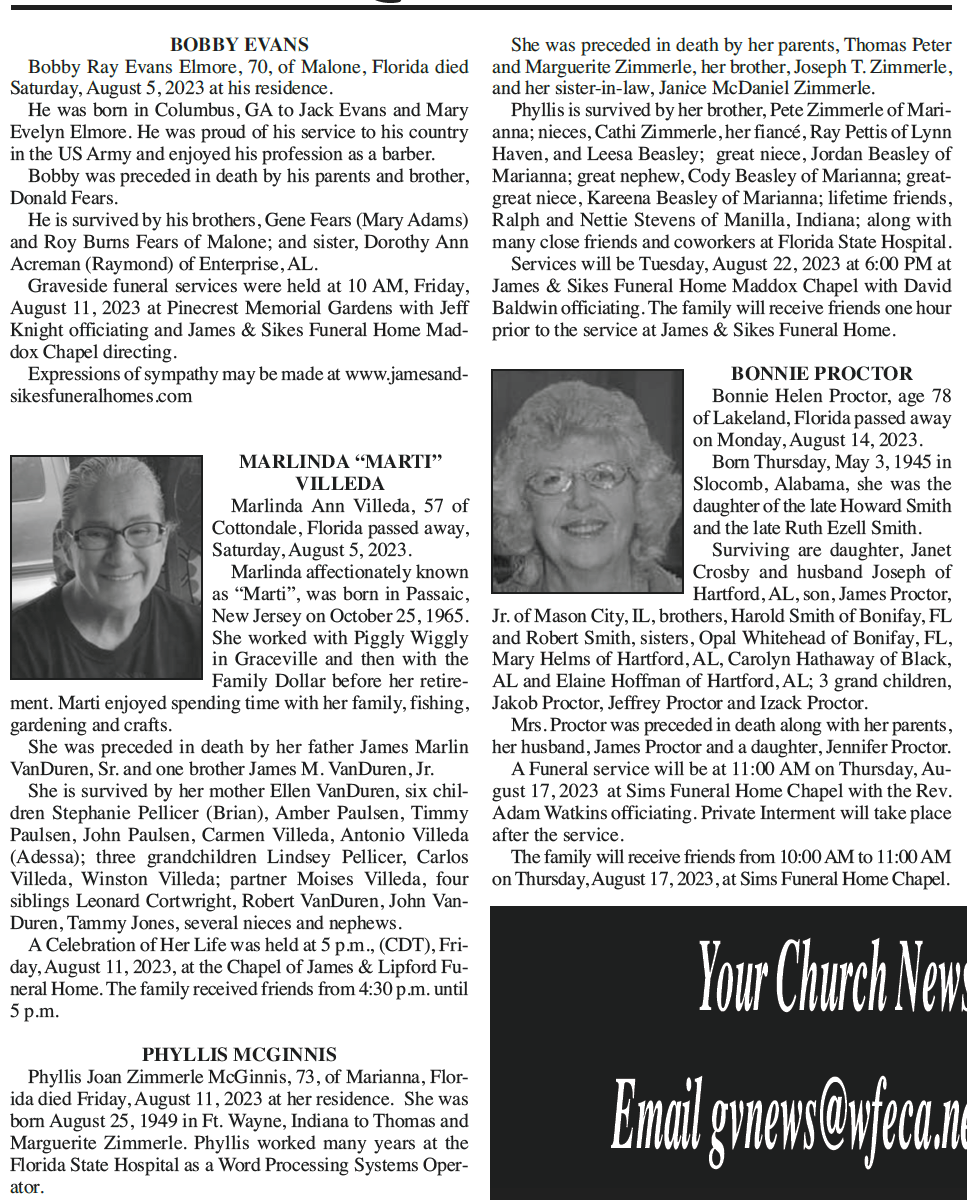 Obituaries The Graceville News